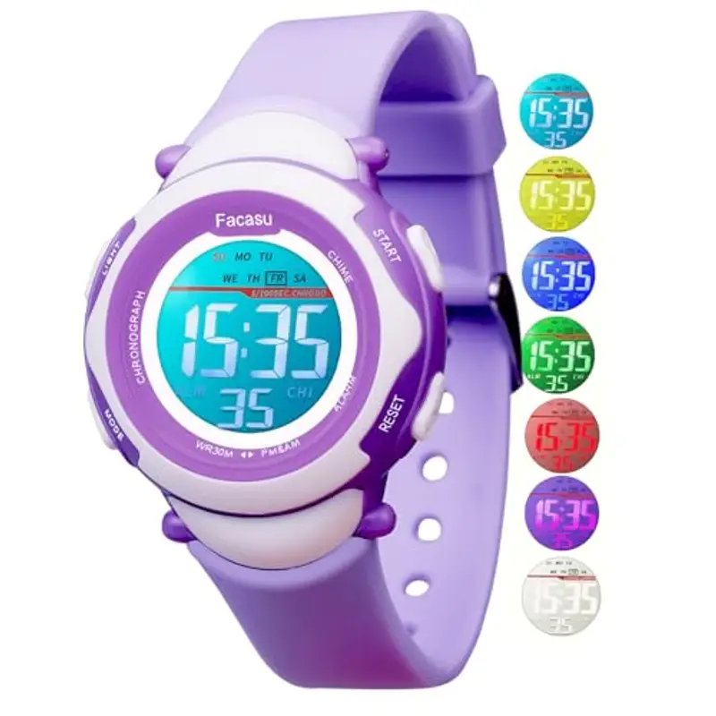 Facasu Orologio digitale bambini ragazze e ragazzi, impermeabile per bambini, luce colorata, per sport all'aria aperta, facile da leggere e