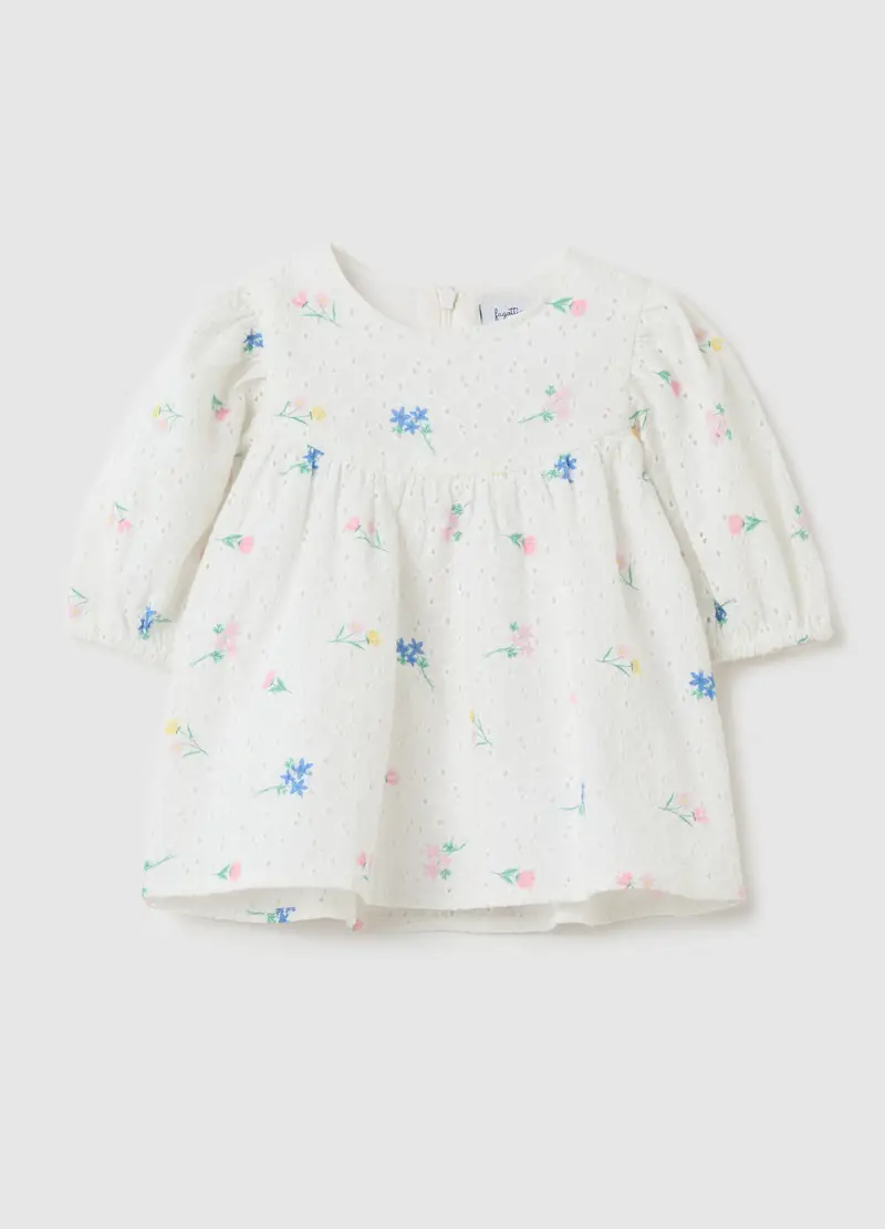 FAGOTTINO Abito In Sangallo Con Ricamo Fiorellini, Bambina, Bianco