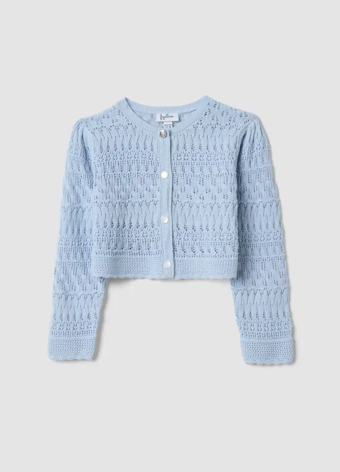 Cardigan Fitted Azzurro In Puro Cotone Da Bimba Lavorato A Maglia, Bambina, Azzurro