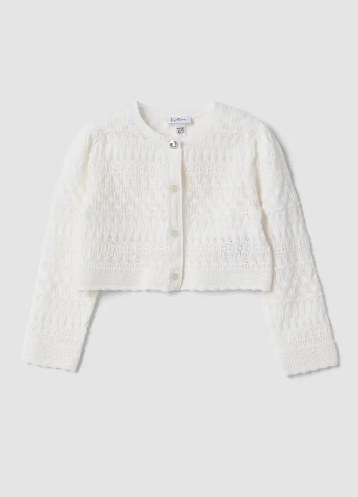 Cardigan Fitted Bianco In Puro Cotone Da Bimba Lavorato A Maglia, Bambina, Bianco