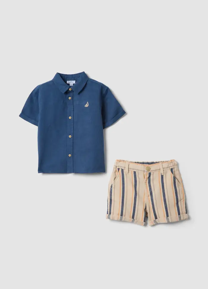 FAGOTTINO Completo Blu In Misto Lino E Cotone Con Camicia E Shorts Rigati Da Bimbo, Bambino, Multicolor