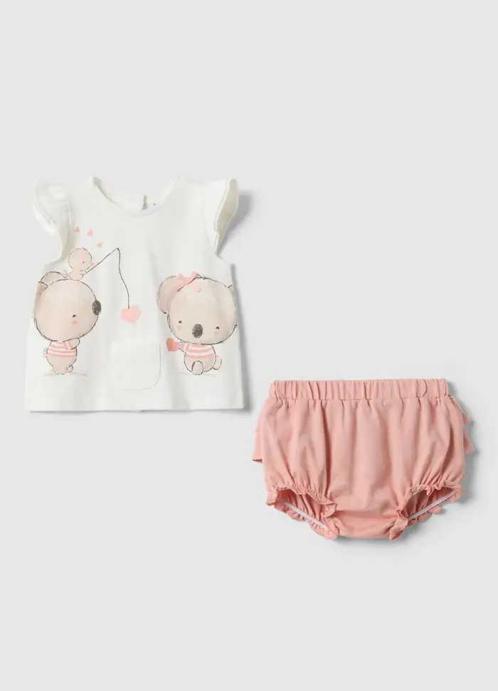 FAGOTTINO Completo Rosa In Cotone Organico Con Maglia E Coulotte, Neonata, Bianco
