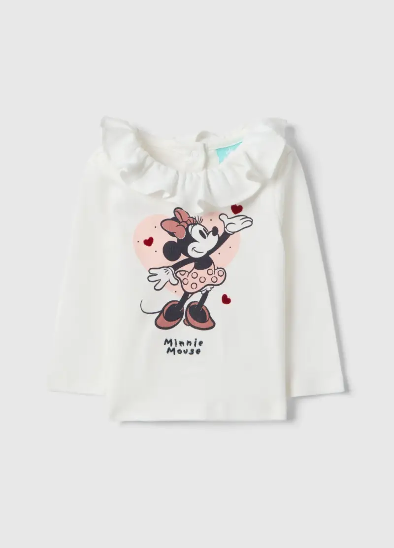 FAGOTTINO Maglia In Puro Cotone Bianco Da Neonata Con Minnie E Collo Arricciato, Bianco