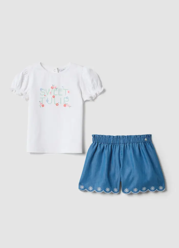 FAGOTTINO Set Bianco E Denim In Cotone Elasticizzato, Bambina, Multicolor