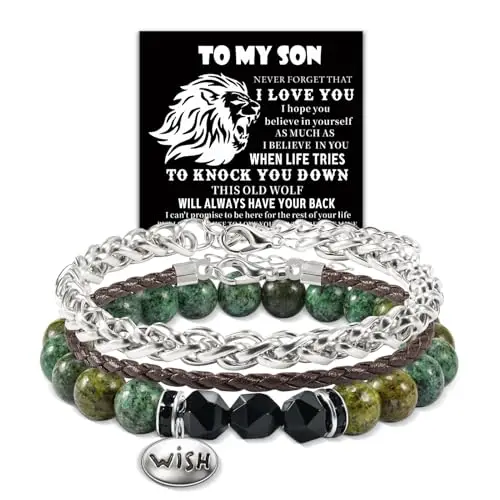 FANCIBAND Braccialetto per Mio Figlio-3PCS Bracciale Uomo Acciaio Inox e Perle Pelle Bracciale a tre strati