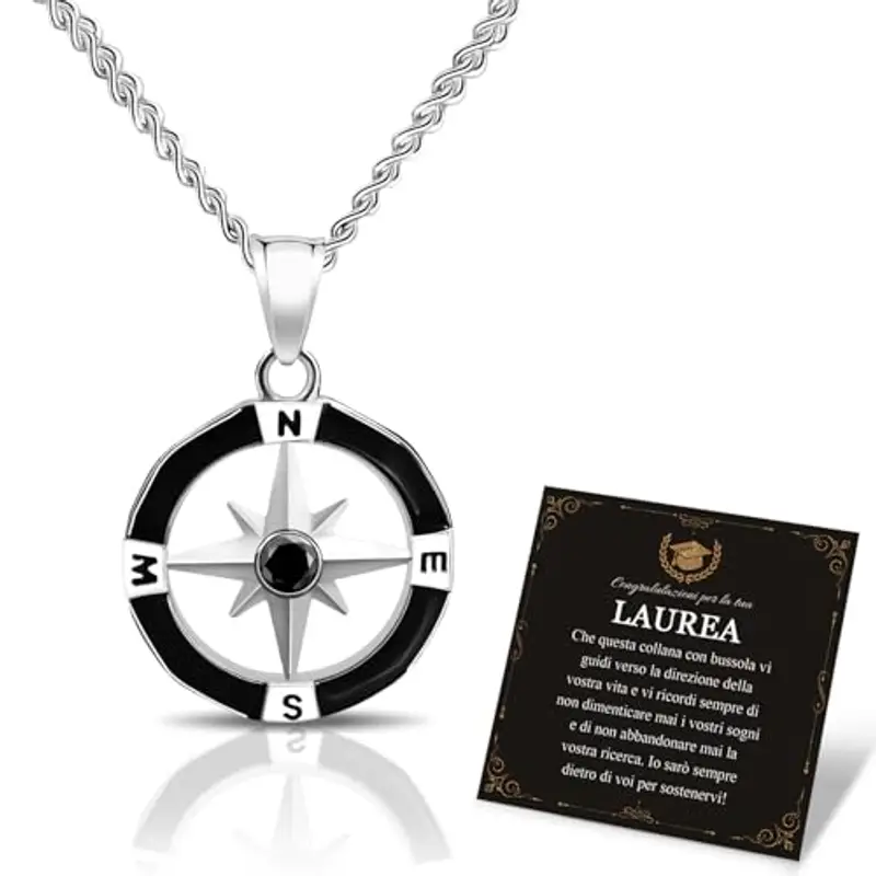 FANCIBAND Regalo Laurea Uomo Ragazzo, Bussola Collana Uomo Acciaio Ossidiana, Idee Regali Laurea Originali per la Figlio Fidanzato Amica