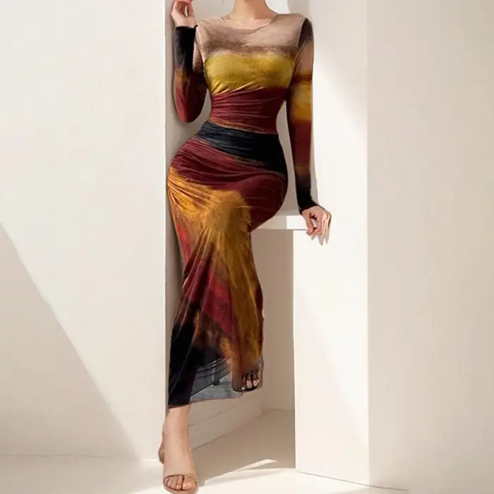 Abbigliamento Primaverile da Donna Sexy Slim Vita Abito Lungo a Maniche Lunghe per Donna 3XL