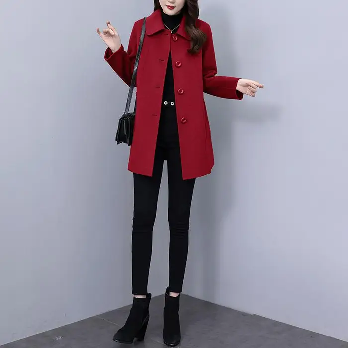 Giacca di Lana di Media Lunghezza da Donna Inverno Nuovo Stile, Elegante, Calore Leggero e Cappotto con Revers Spesso 2XL