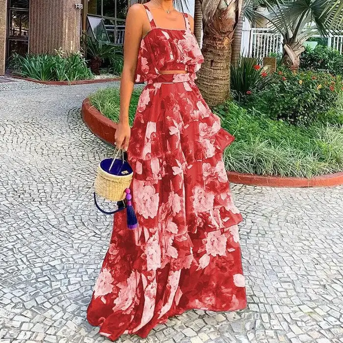 Nuovo Set da Due Pezzi Stampato Stile Vacanza al Mare da Donna Top a Bretelle Gonna a Torta Set Gonna Lunga M miniatura 3