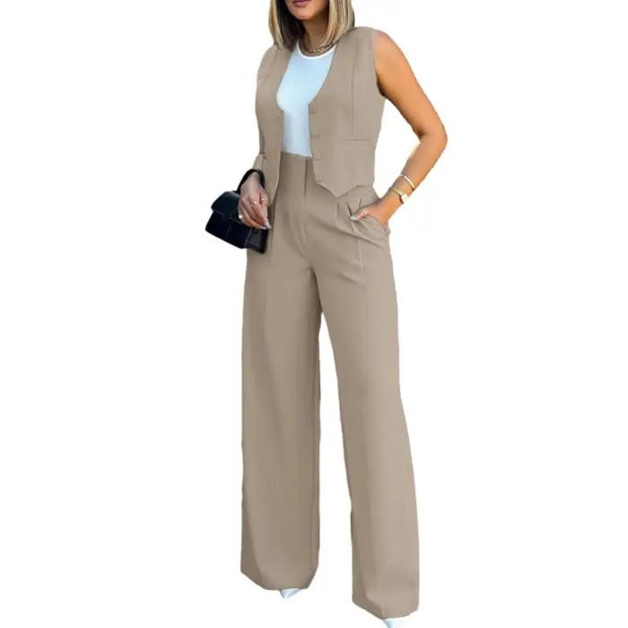Set di pantaloni con gilet da donna, elegante set di pantaloni larghi da donna con gilet per donna, pantaloni a vita alta e gamba larga, colore solido, abbigliamento da strada XXL