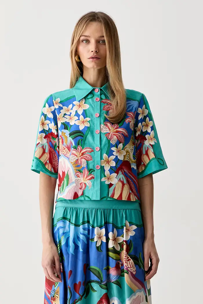 camicia da donna in lino Turchese