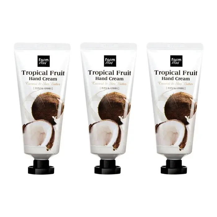 FARM STAY Crema per le mani alla frutta tropicale umida completa di cocco e burro di karitè 50 ml (3 opzioni) 3pcs