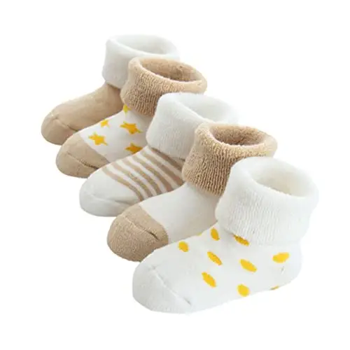 FedMois 5 Paia Calzini Cotone Invernali Termici Neonati Bambini, Beige, 6