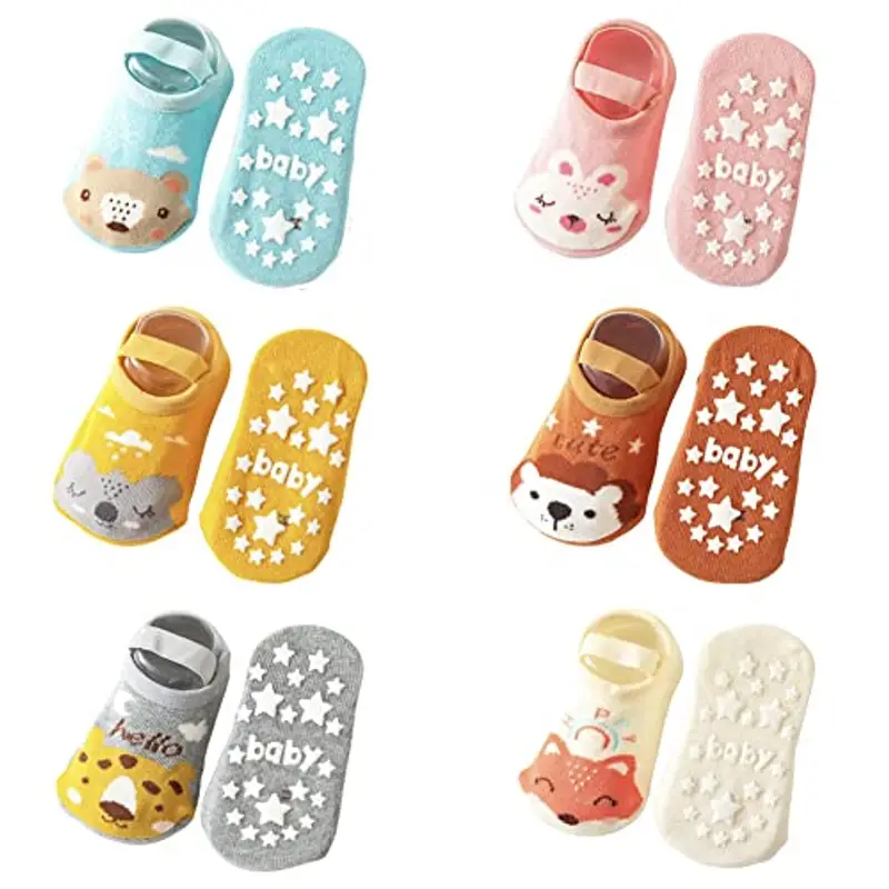 FedMois 6 Paia Calzini Antiscivolo in Cotone Invisibili Neonati Bambini, Volpe, 1