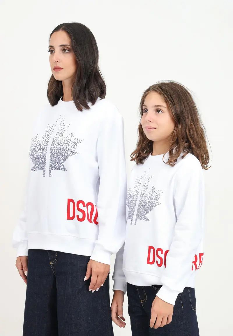 Dsquared2 Felpa girocollo bianca per donna e bambina con stampa Caviar Leaf e logo