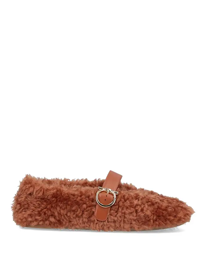 Ferragamo Ballerina In Shearling Marrone