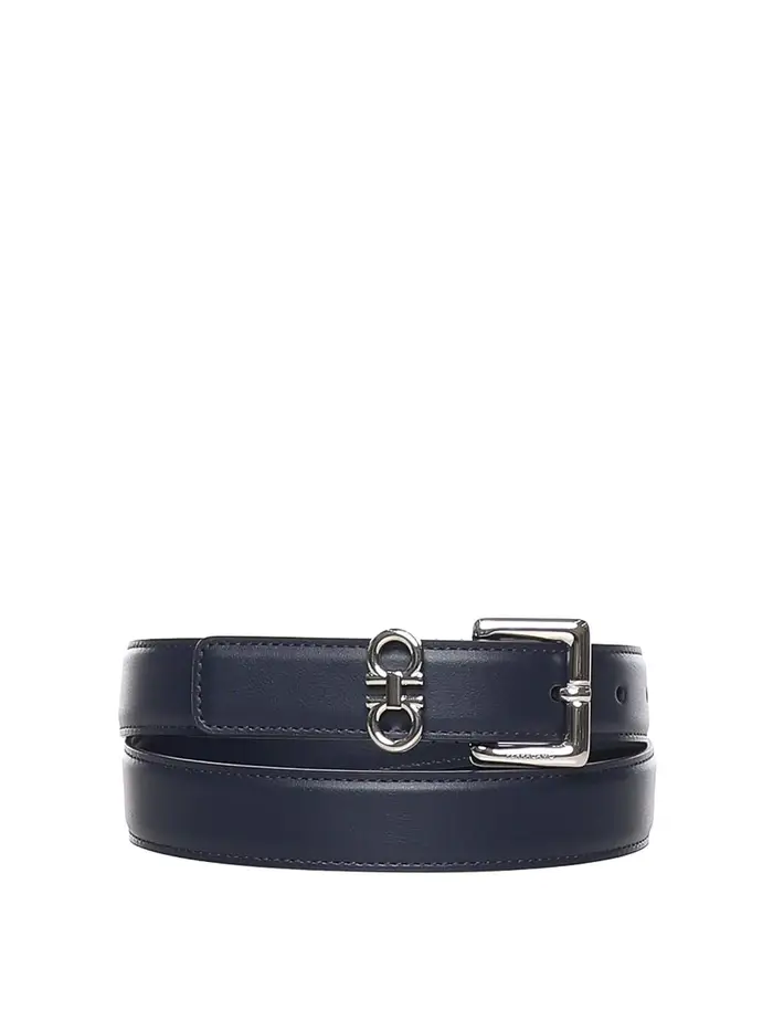 Ferragamo Cintura In Pelle Con Doppio Gancini Blu