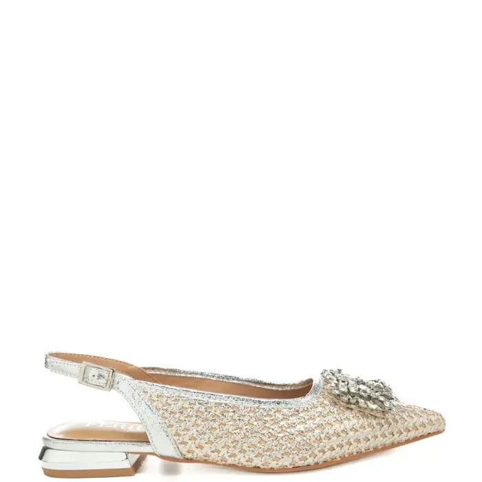 Ferre slingback basse da donna con tomaia traforata in lurex con applicazione con maxi strass frontale argento