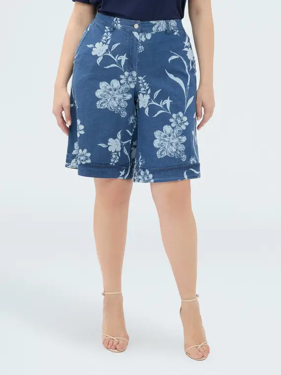 Fiorella Rubino Bermuda in denim con stampa foliage delavé Donna, Blu (58 IT)