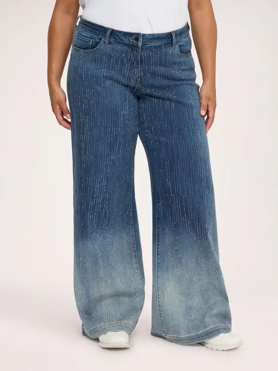 Fiorella Rubino Jeans Wide Leg con pioggia di strass Donna, Blu (58 IT)