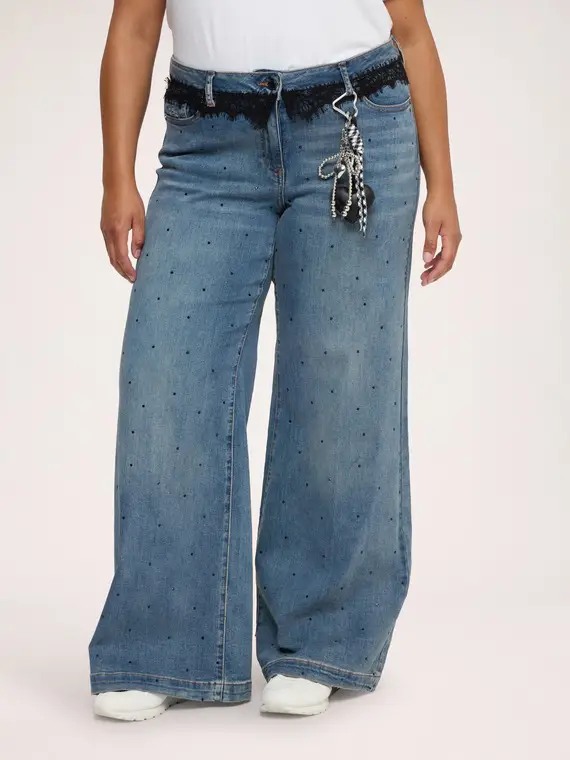 Fiorella Rubino Jeans Wide Leg con pizzo e charm Donna, Blu (58 IT)