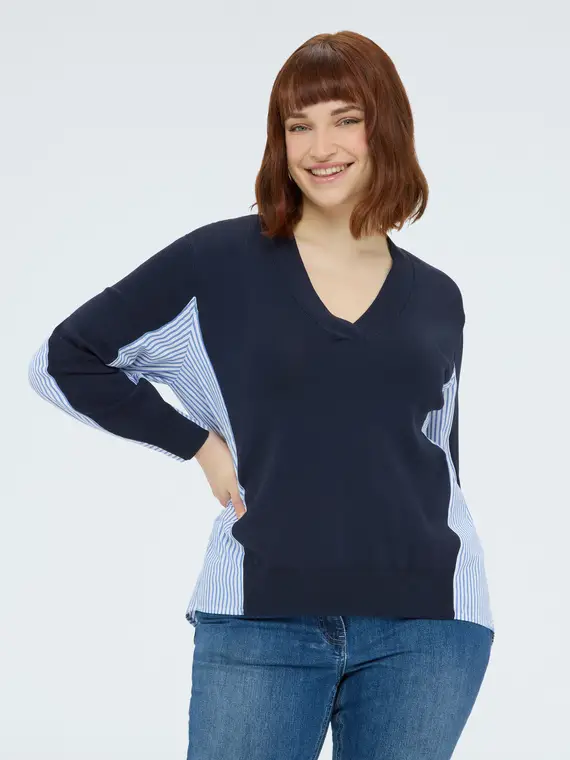 Fiorella Rubino Maglia scollo a V con inserti a righe Donna, Blu (60-62 IT)