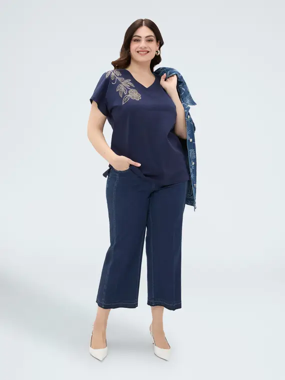 Fiorella Rubino T-shirt in cotone con applicazione floreale Donna, Blu (44-46 IT)
