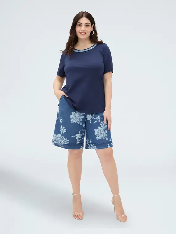 Fiorella Rubino T-shirt in cotone con applicazione sullo scollo Donna, Blu (44-46 IT)
