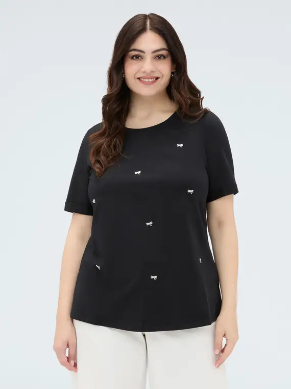 Fiorella Rubino T-shirt in cotone con charm libellula Donna, Nero (44-46 IT)