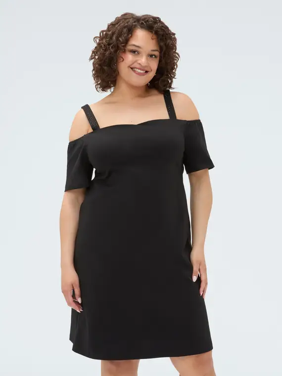 Fiorella Rubino Vestito corto off-shoulder in Punto Milano Donna, Nero (60-62 IT)