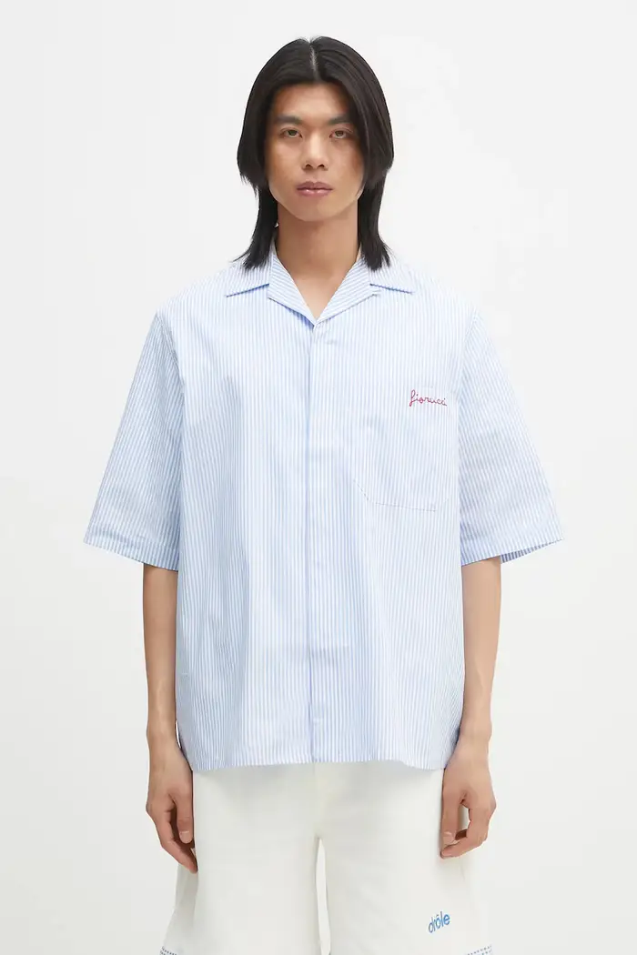 Fiorucci camicia in cotone Striped Logo Bowling Blu