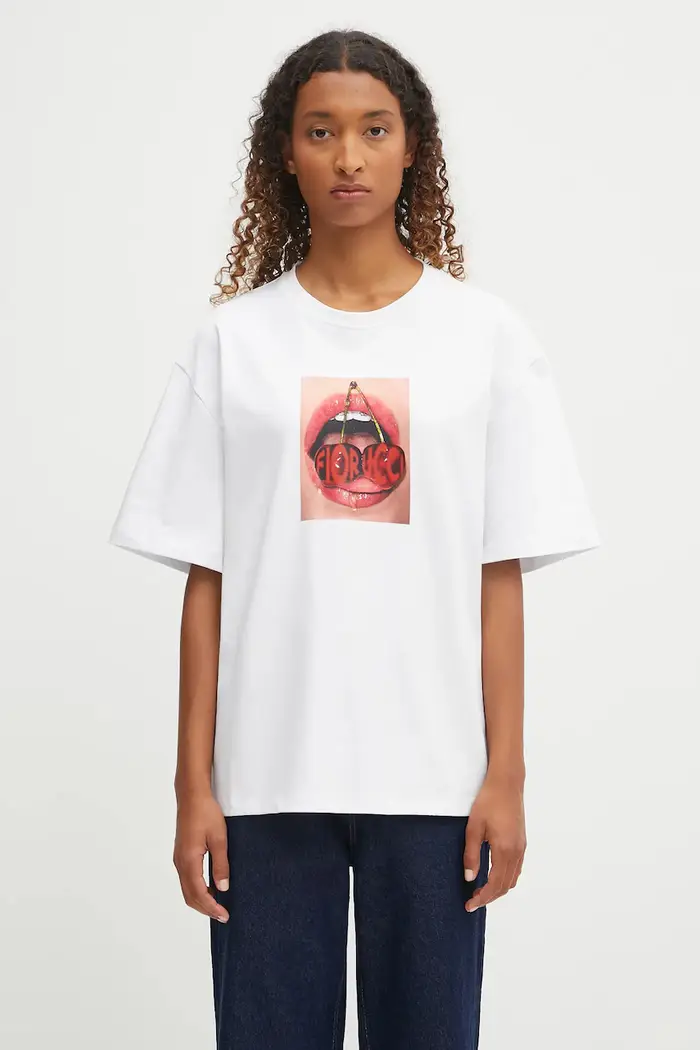 Fiorucci t-shirt in cotone Cherry Mouth Print Boxy Fit Bianco