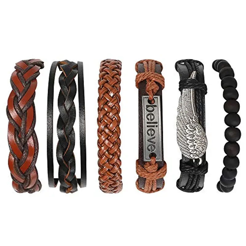 flintronic Bracciale Uomo Pelle, 6 Pezzi Bracciale Corda Uomo Donna, Bracciale Intrecciato in Pelle, Bracciale per Uomo Donna, Idea Regalo