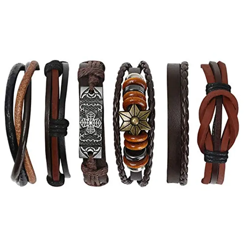 flintronic Bracciale Uomo Pelle, 6 Pezzi Bracciale Corda Uomo Donna, Bracciale Intrecciato in Pelle, Bracciale per Uomo Donna, Idea Regalo