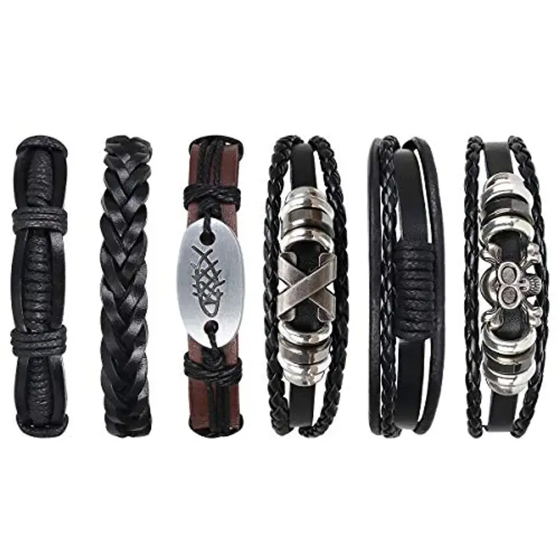 flintronic Bracciale Uomo Pelle, 6 Pezzi Bracciale Corda Uomo Donna, Bracciale Intrecciato in Pelle, Bracciale per Uomo Donna, Idea Regalo