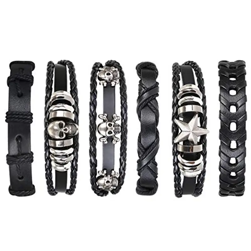flintronic Bracciale Uomo Pelle, 6 Pezzi Bracciale Corda Uomo Donna, Bracciale Intrecciato in Pelle, Bracciale per Uomo Donna, Idea Regalo