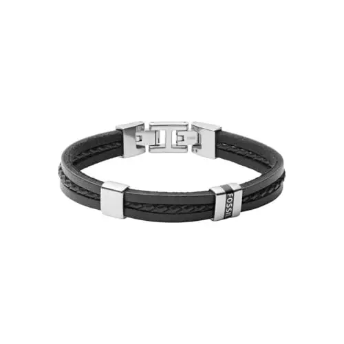 Fossil Bracciale da Uomo, Bracciale con Cinturino in Pelle, Lunghezza Interna 20 cm, Altezza 9 mm, Nero
