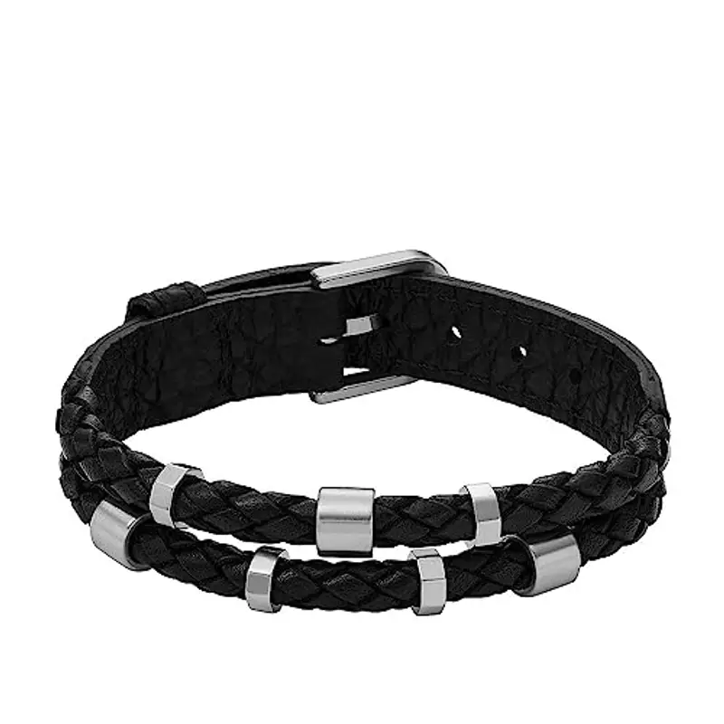 Fossil Bracciale da uomo Leather Essentials, Bracciale in pelle nera, Lunghezza: 256 mm, Larghezza: 13, 7 mm, JF04473040