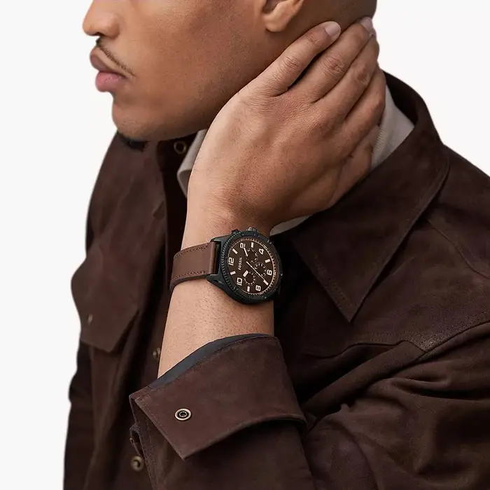 Fossil Orologio al Quarzo Multifunzione da Uomo Serie Brox, Quadrante Nero con Cinturino in Acciaio Inossidabile, Stile Business Fashion
