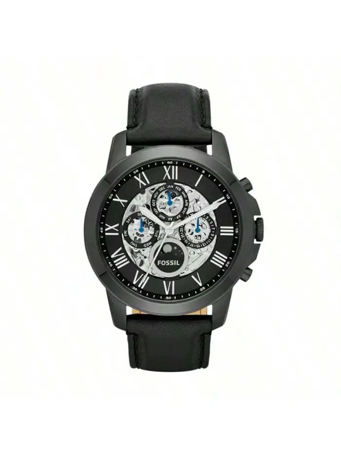 Fossil Orologio da polso automatico da uomo Grant con cinturino in vera pelle e movimento meccanico, Modelli ME3028, ME3029 nero