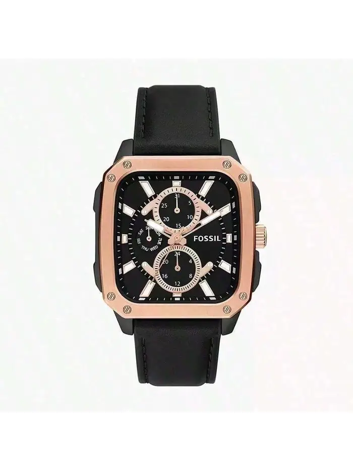 Fossil Orologio da polso da uomo per uso quotidiano presenta quadrante quadrato nero accenti color oro rosa, su misura business Include