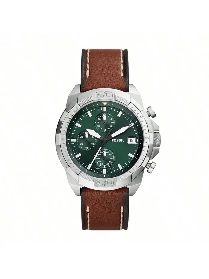Fossil Orologio da Polso da Uomo Retro al Quarzo - Quadrante Verde da 44mm Cinturino in Pelle Marrone, Design a Triplo Occhio, Stile Casual
