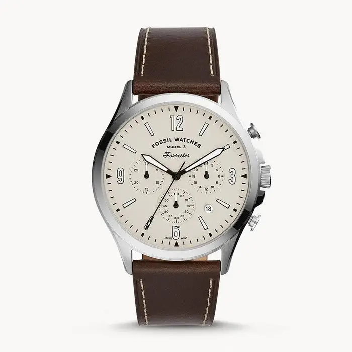 Orologio da Uomo al Quarzo, Tre Quadranti Secondari e Datario, Quadrante Bianco/Grigio, Cinturino Marrone, Stile Business Casual FS5696