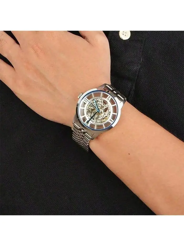 Fossil Orologio Meccanico Automatico da Uomo TOWNSMAN, cinturino in acciaio inossidabile, quadrante scheletrato, blu, design unico, di