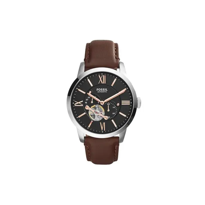 Fossil Orologio Meccanico Automatico Cinturino in Pelle Quadrante Nero 45mm Resistente all Acqua 50m Orologi da Uomo ME3061 Black Dial