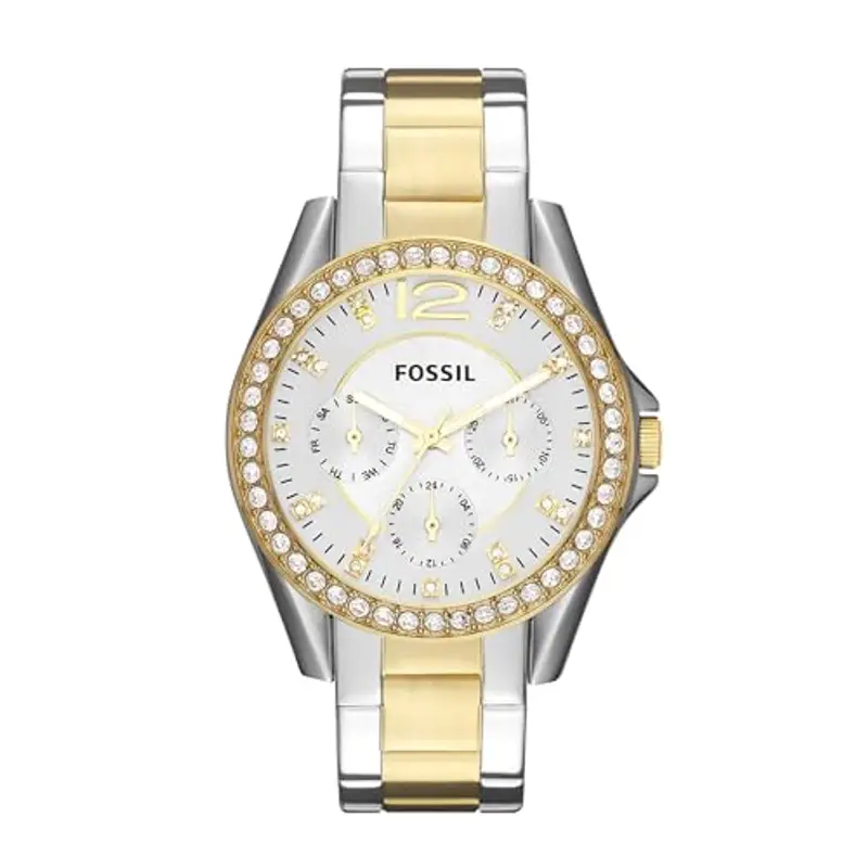 Fossil Orologio Riley da donna, movimento al quarzo multifunzione, cassa in acciaio inossidabile argento/oro da 38 mm con bracciale in
