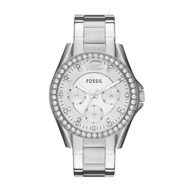 FOSSIL Orologio Riley da donna, movimento cronografo al quarzo con cinturino in acciaio inossidabile o in pelle, 38 mm, Tono argento e