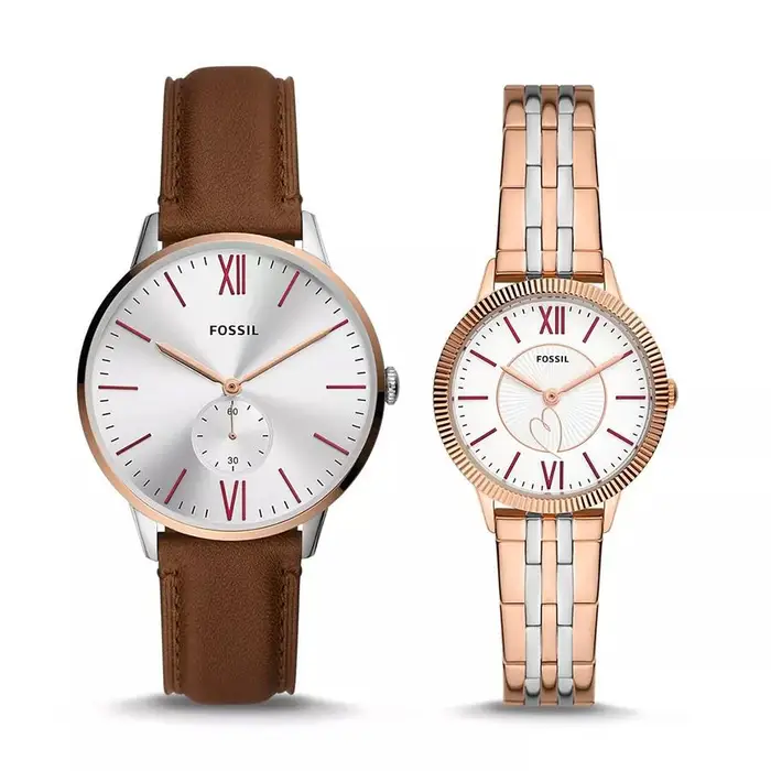 Set da 2 pezzi Età della Pietra Edison Orologi Casual al Quarzo per Coppie ES5176SET, Orologi da Polso da Uomo e Donna con Bracciale in Pelle/Acciaio