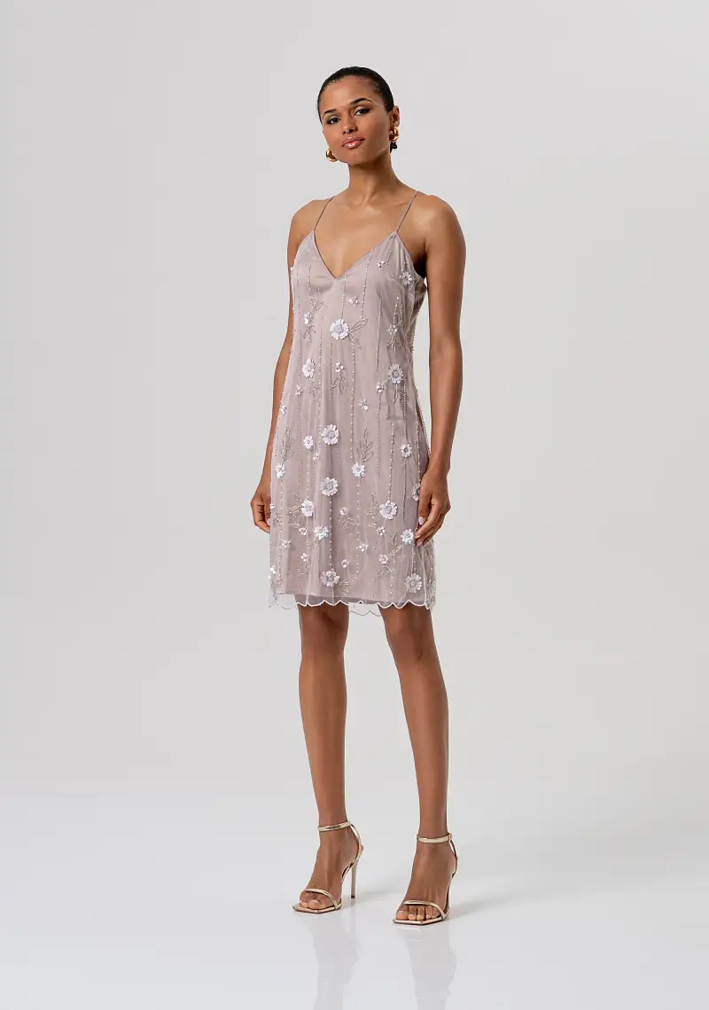 Fracomina Abito senza maniche modello slip dress mini in tessuto con ricami fiori, strass e paillettes