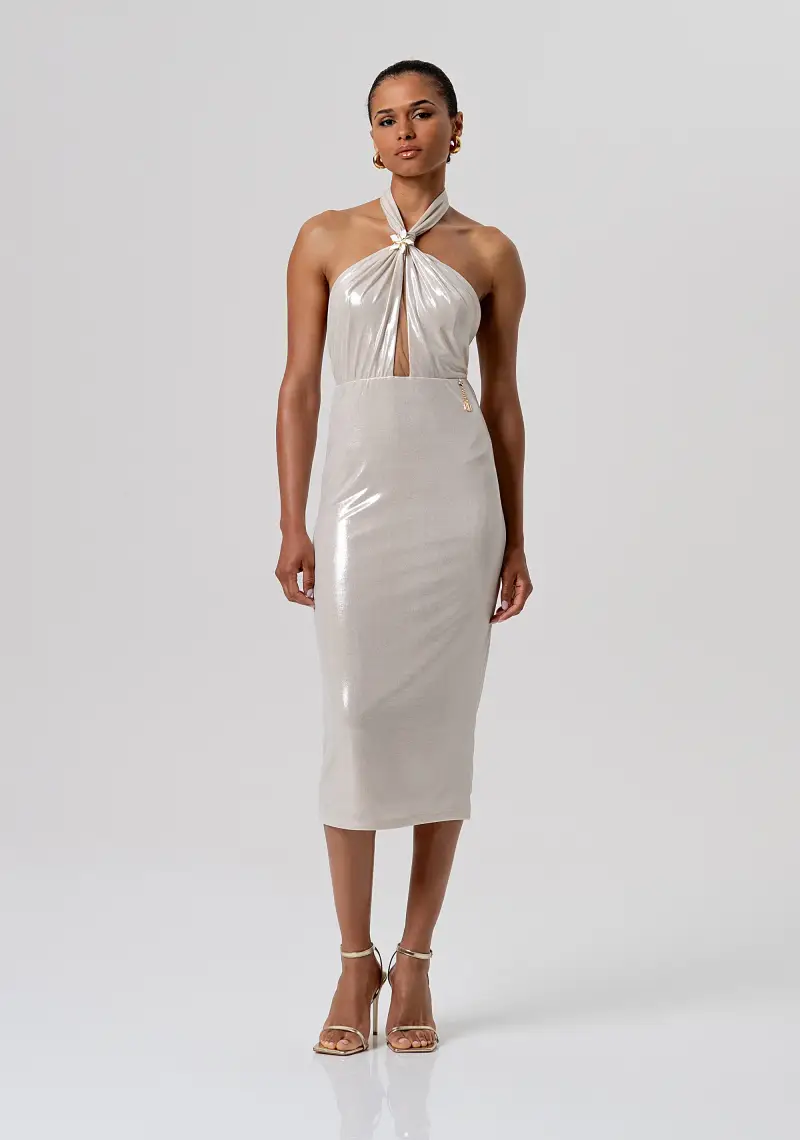 Fracomina Abito senza maniche slim midi in tessuto spalmato